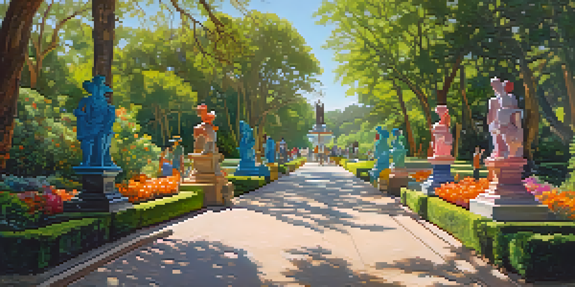 A lively outdoor art scene at Laguna Gloria with people engaging with sculptures amidst greenery and flowers.