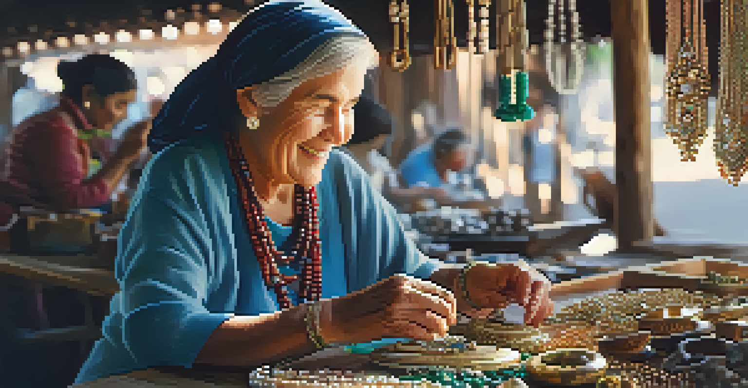 A cozy artisan market scene featuring an elderly woman showcasing her handmade jewelry on a rustic table, with soft lighting enhancing the intricate pieces.