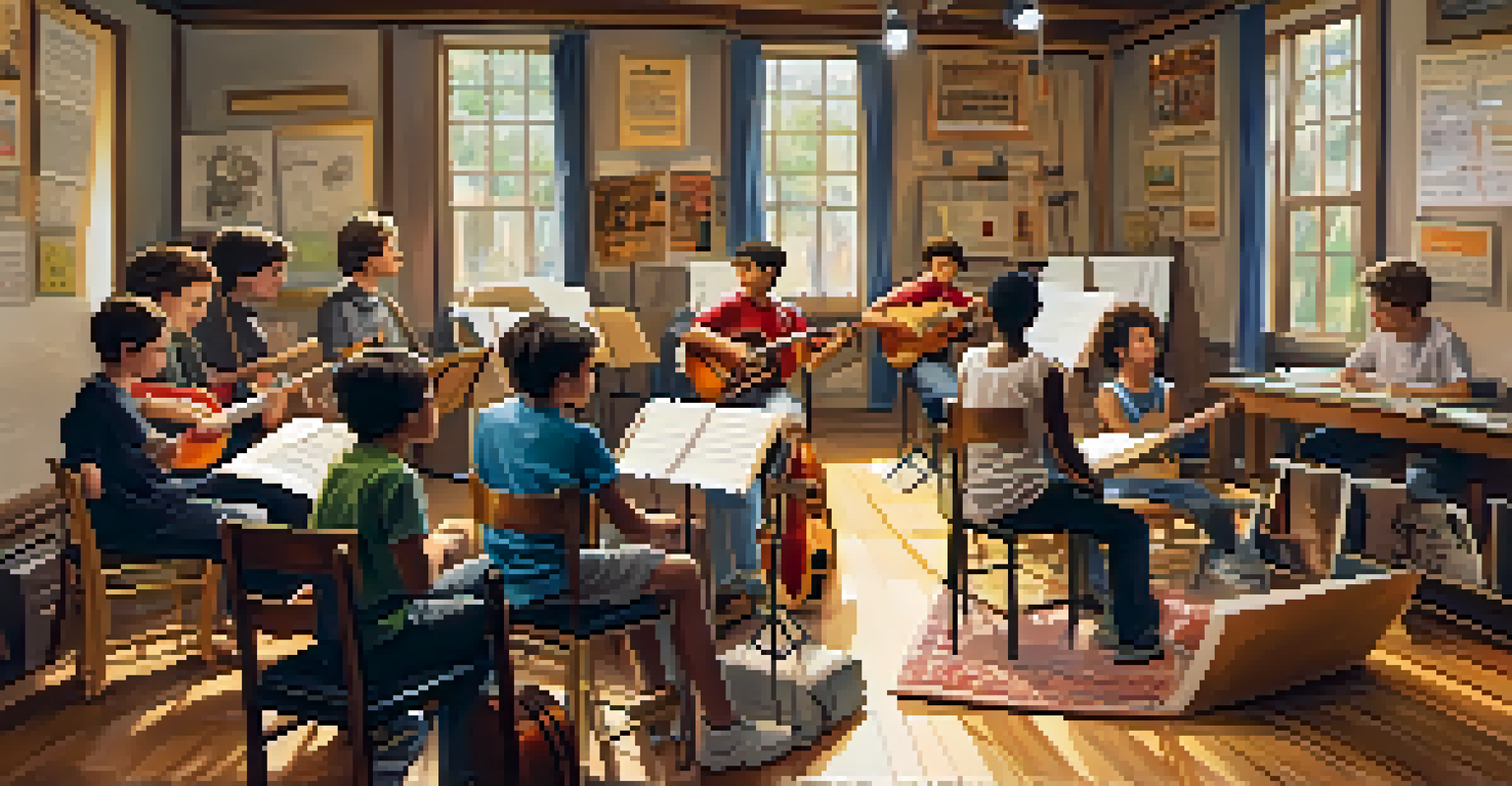 Young musicians participating in an indoor workshop at a music camp, learning from an instructor in a cozy, well-lit setting filled with musical materials.