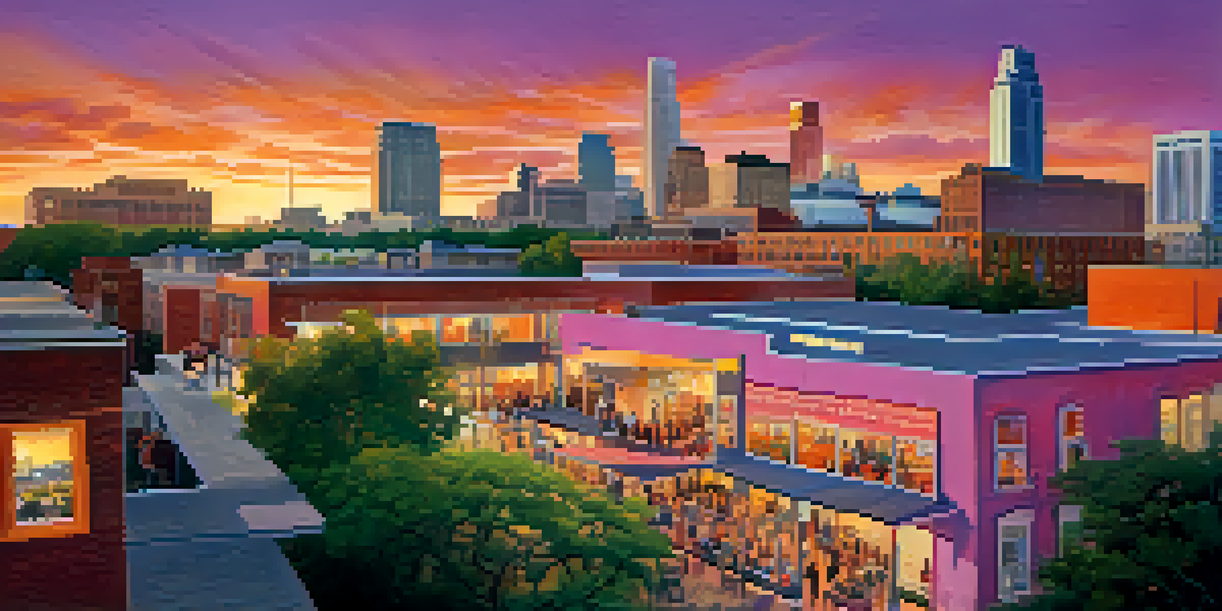 A sunset cityscape of Austin with residents participating in a community meeting in a park, colorful banners and feedback boards present.