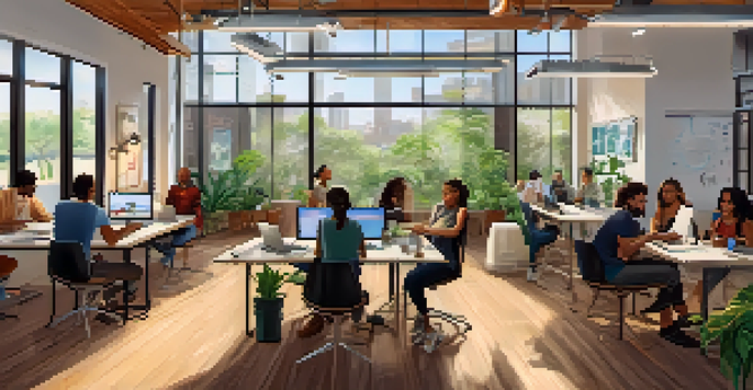 A lively co-working space in Austin with diverse entrepreneurs working together, illuminated by natural light and surrounded by greenery.