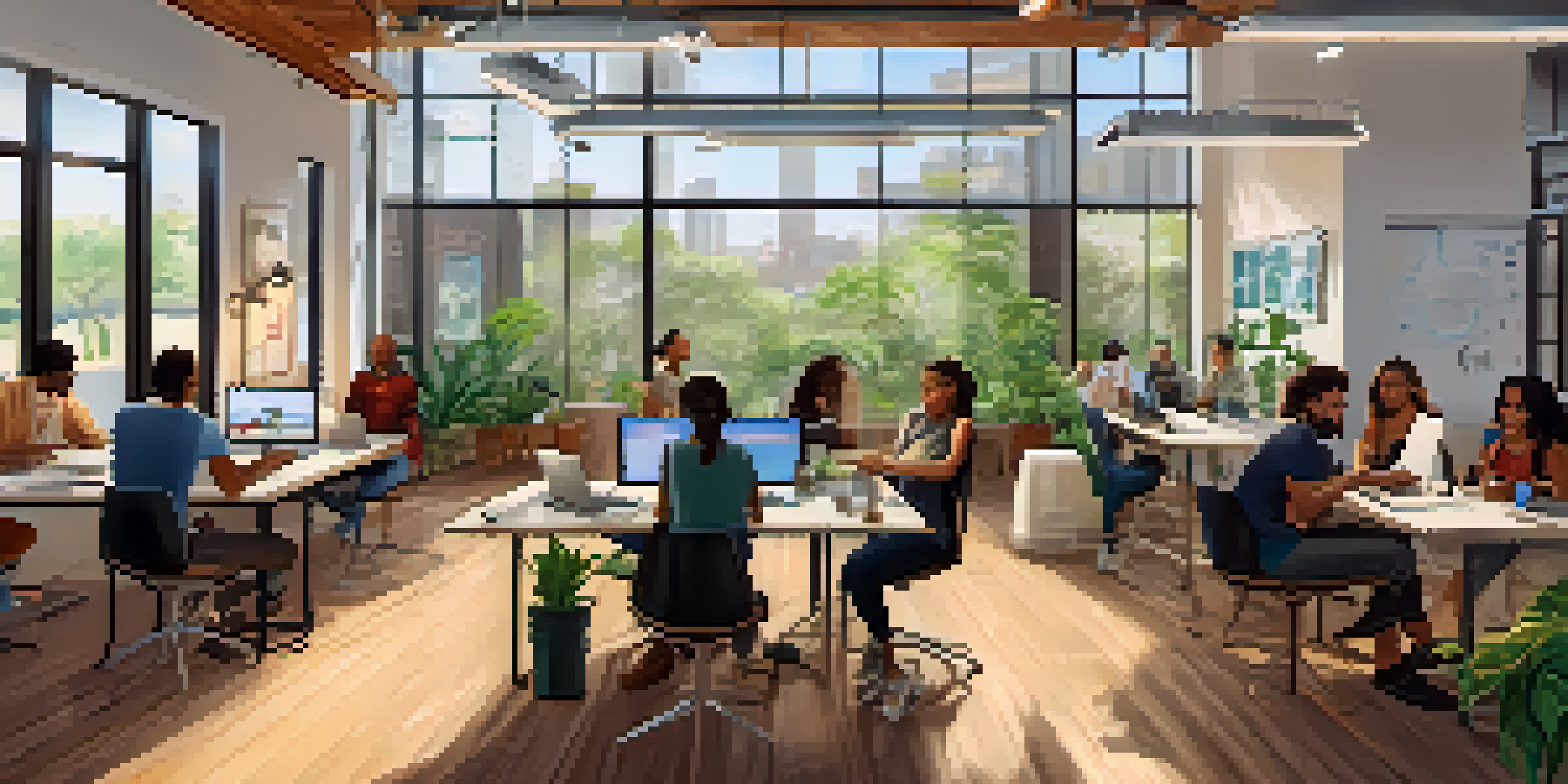 A lively co-working space in Austin with diverse entrepreneurs working together, illuminated by natural light and surrounded by greenery.