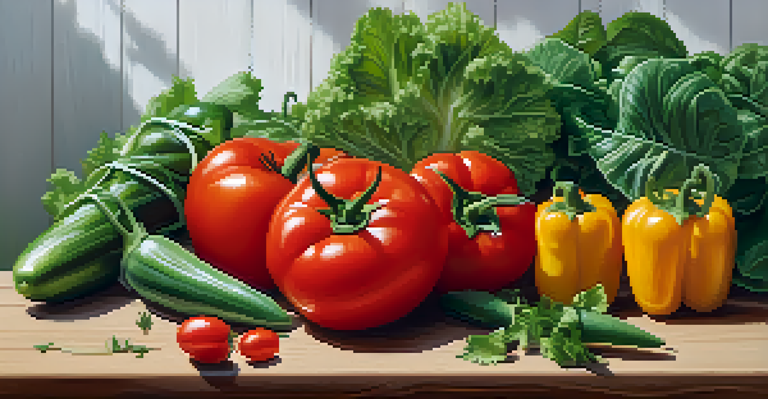 A close-up of freshly harvested vegetables on a wooden table, with a community garden softly blurred in the background.
