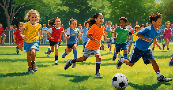 Children playing soccer in a sunny park, showcasing diversity and enthusiasm.