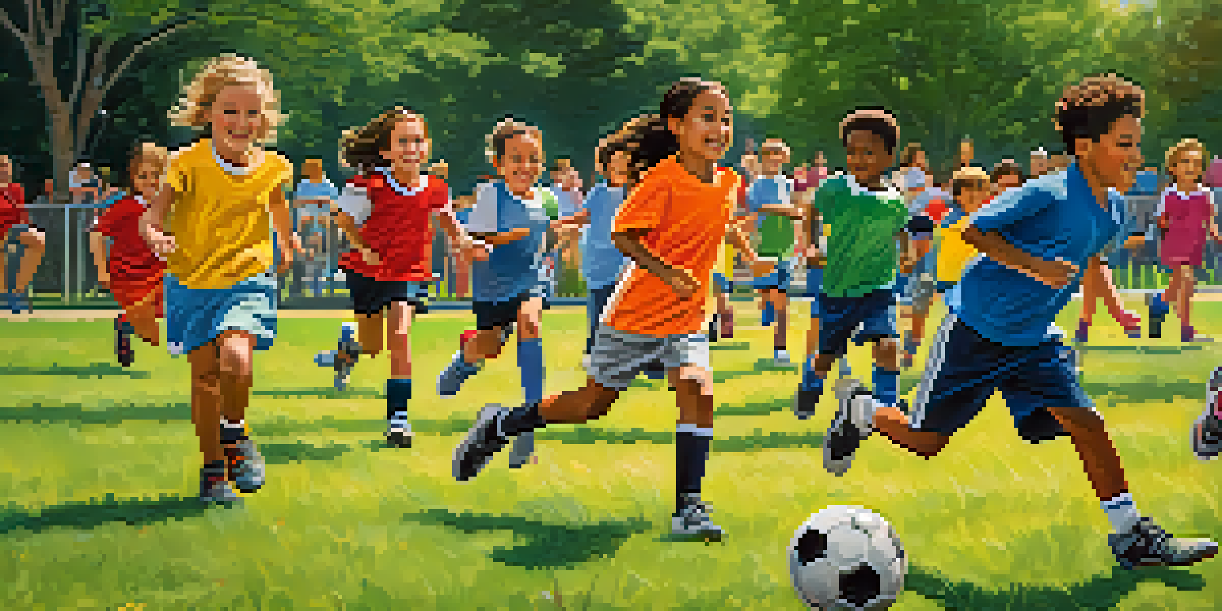 Children playing soccer in a sunny park, showcasing diversity and enthusiasm.