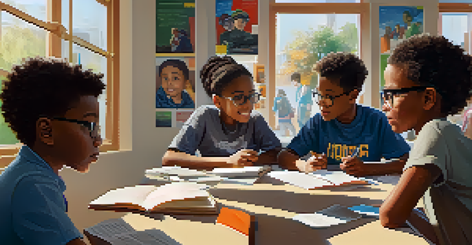 A mentor and two young mentees engaged in a discussion at a community center, surrounded by sunlight and educational materials.