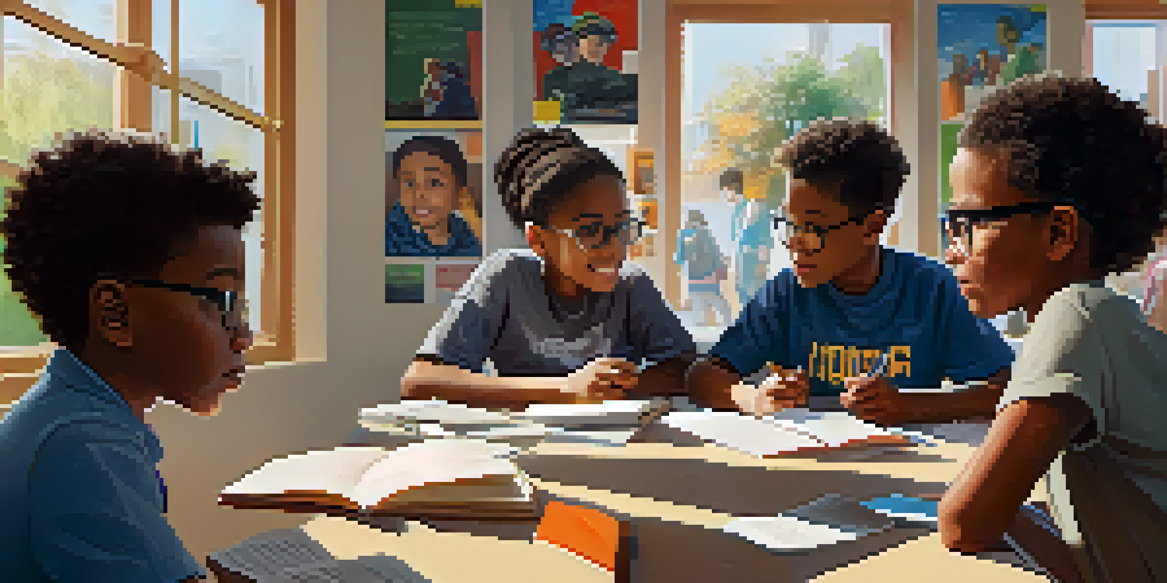 A mentor and two young mentees engaged in a discussion at a community center, surrounded by sunlight and educational materials.