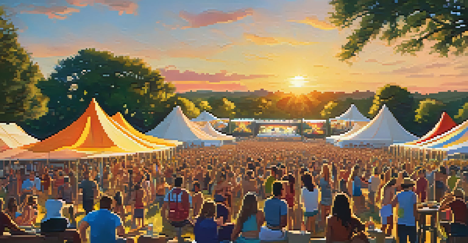 An aerial view of an Austin music festival with a crowd around the stage during sunset, vibrant tents, and lush greenery.