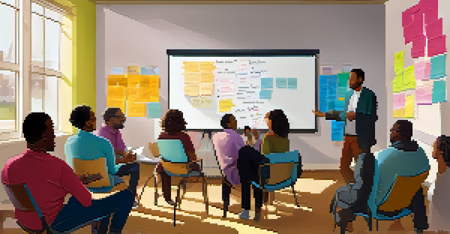 A cozy community meeting with diverse participants discussing ideas, surrounded by colorful sticky notes on a whiteboard.