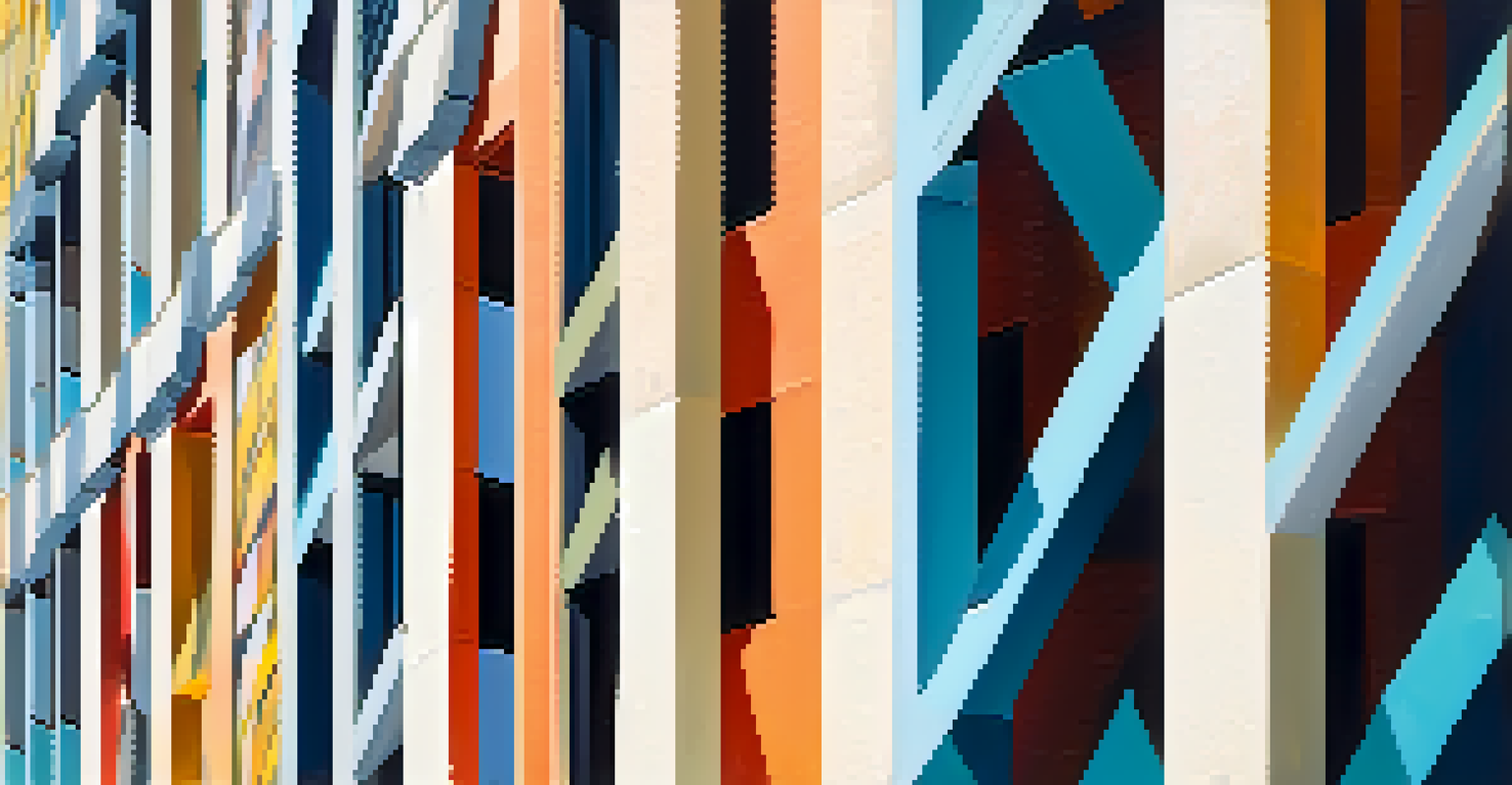 Close-up of geometric patterns and vibrant colors on a mid-century modern building in Austin, with sunlight casting shadows.