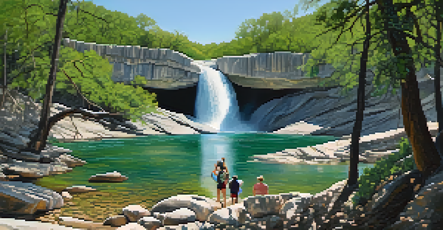 The cascading waterfalls of Pedernales Falls State Park surrounded by lush greenery, with hikers on the trails and sunlight filtering through the trees.