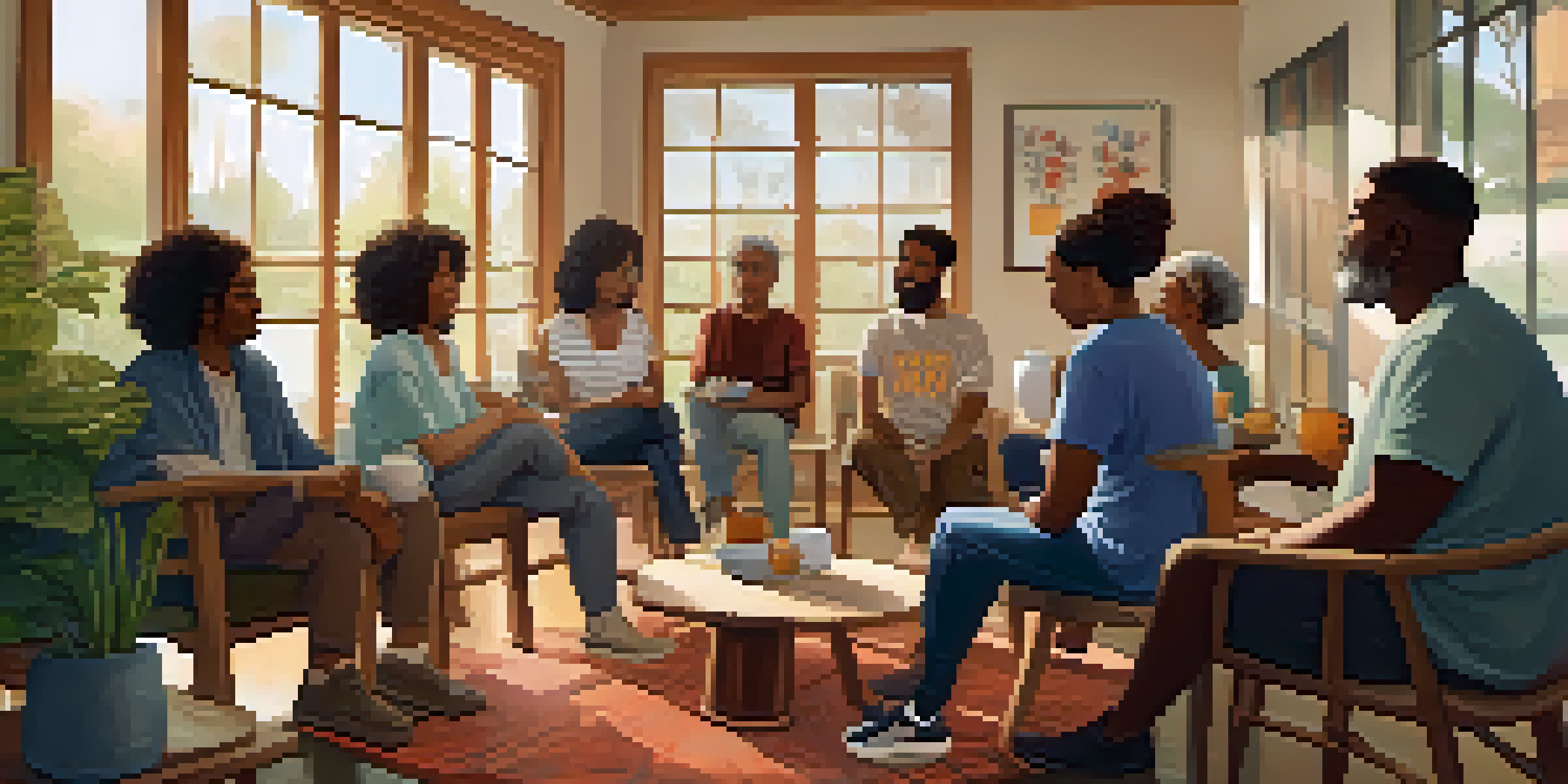 A diverse group of individuals sitting in a circle in a cozy community center support group meeting, sharing their experiences and emotions.