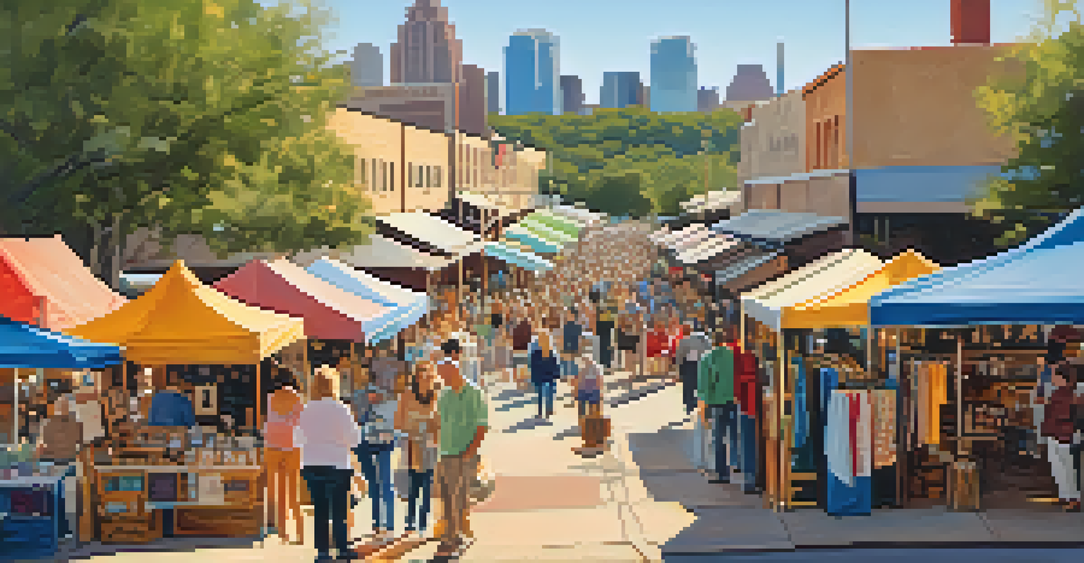 A busy flea market in Austin with vendors selling handmade artisan goods and colorful stalls.