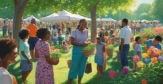 A community gathering in a park, with people planting trees and enjoying nature.