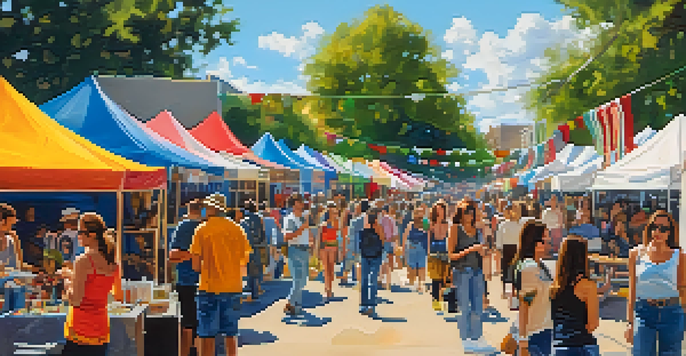 A bustling street festival in Austin with artists displaying jewelry and paintings, surrounded by a lively crowd and colorful decorations.