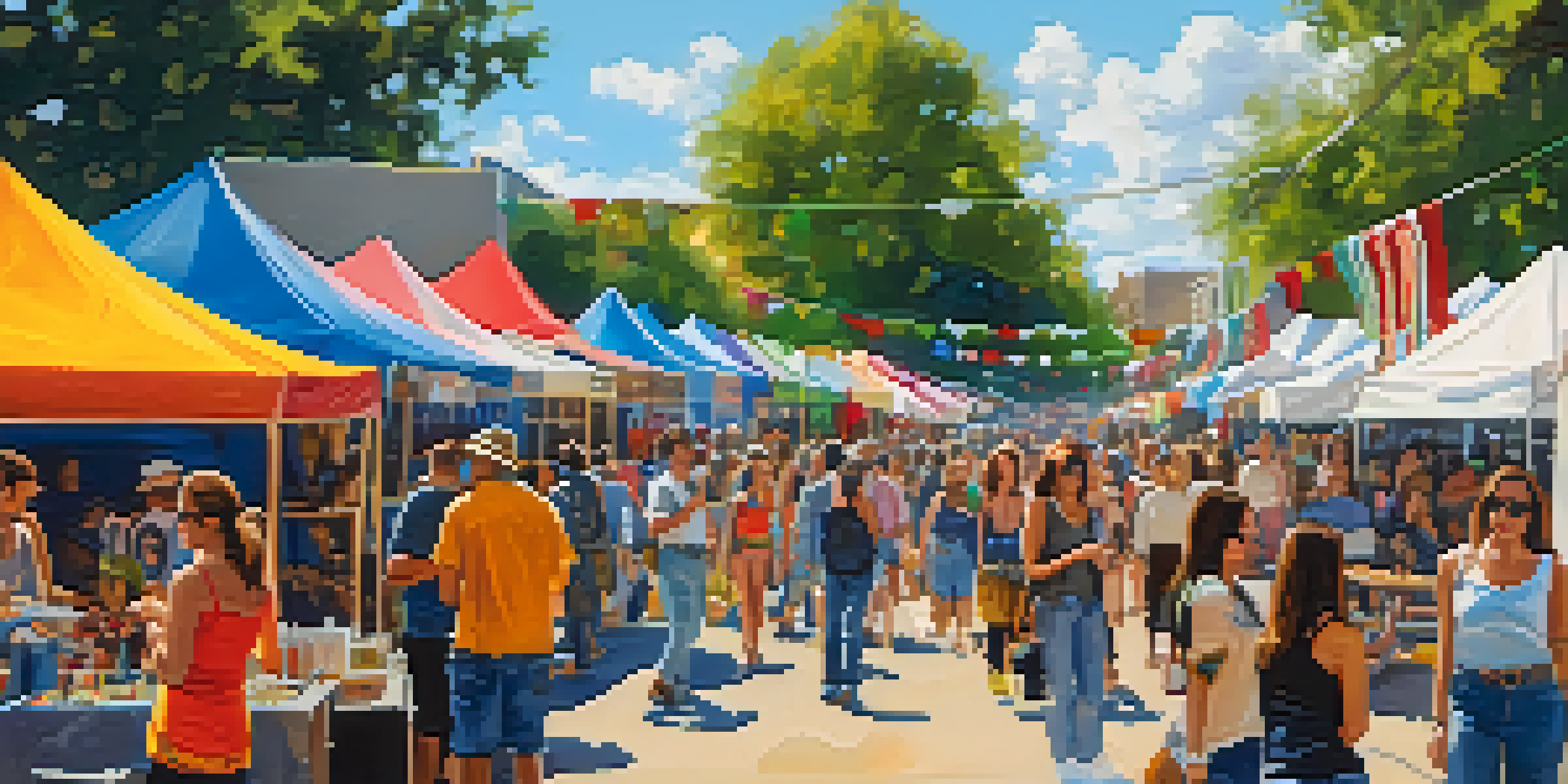 A bustling street festival in Austin with artists displaying jewelry and paintings, surrounded by a lively crowd and colorful decorations.