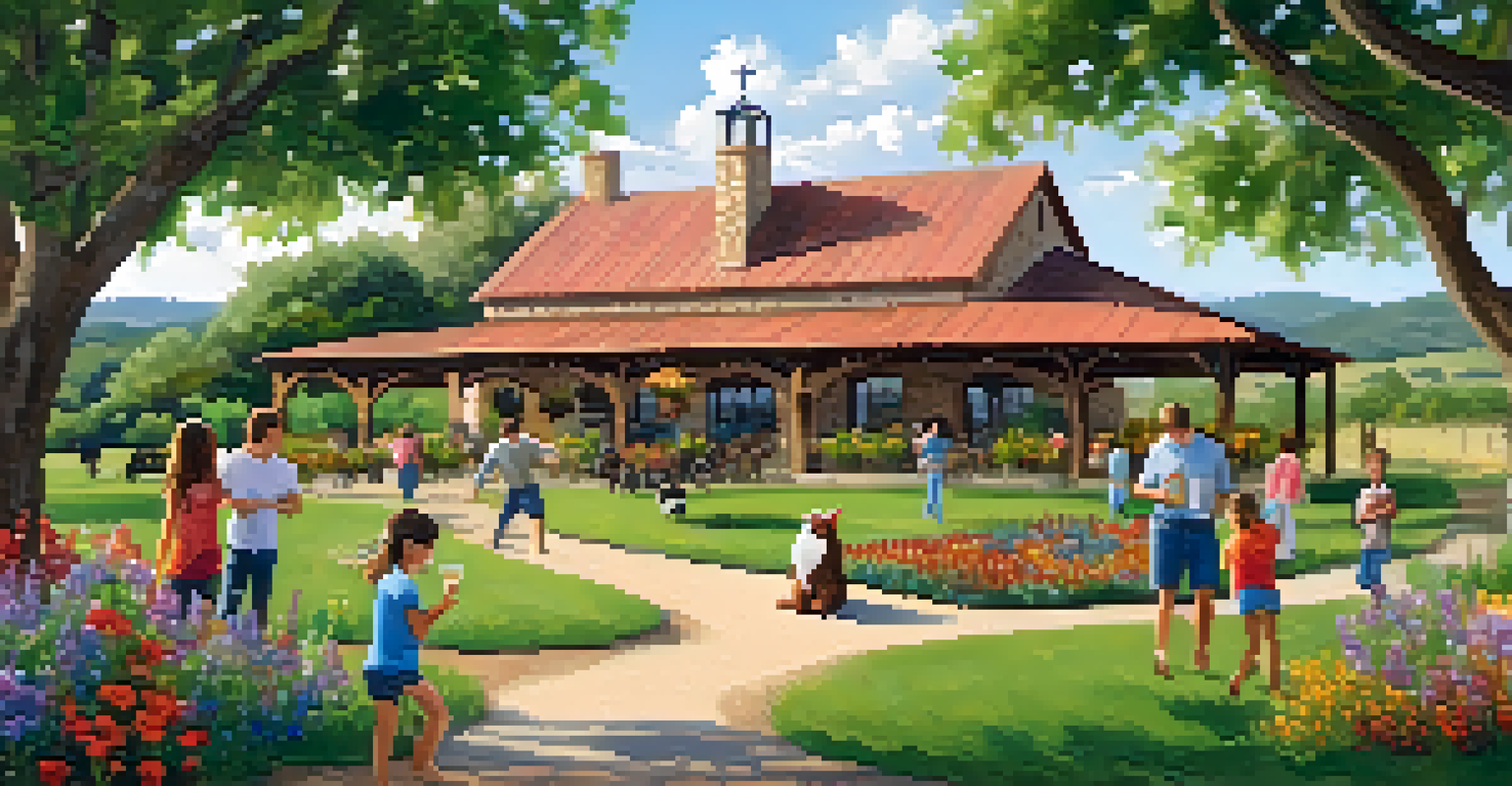 A family enjoying a winery in Texas Hill Country, with children playing and adults tasting wine in a vibrant outdoor setting.