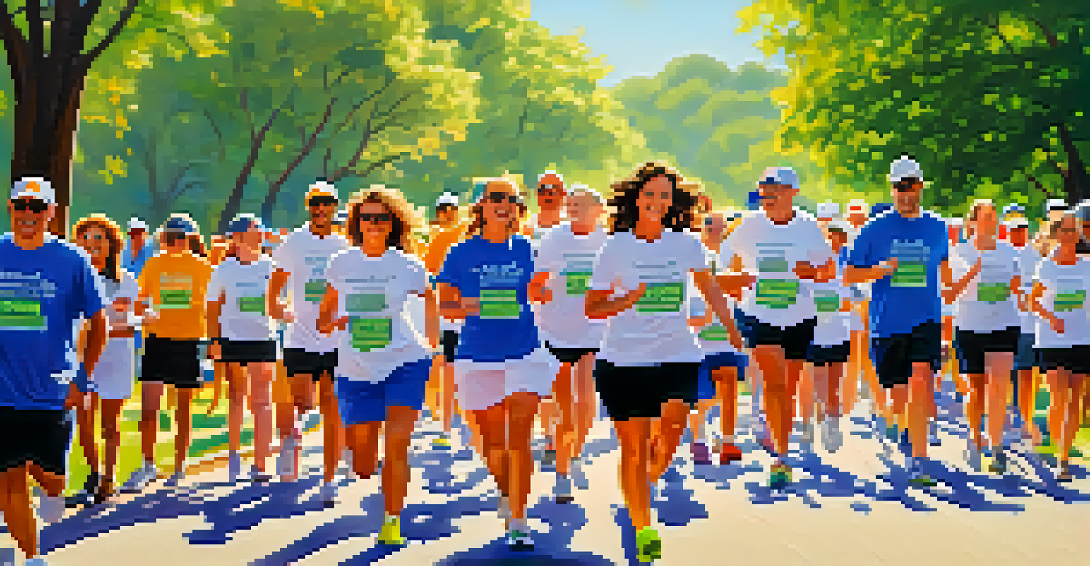 A group of enthusiastic volunteers running in a charity event in a sunny park.