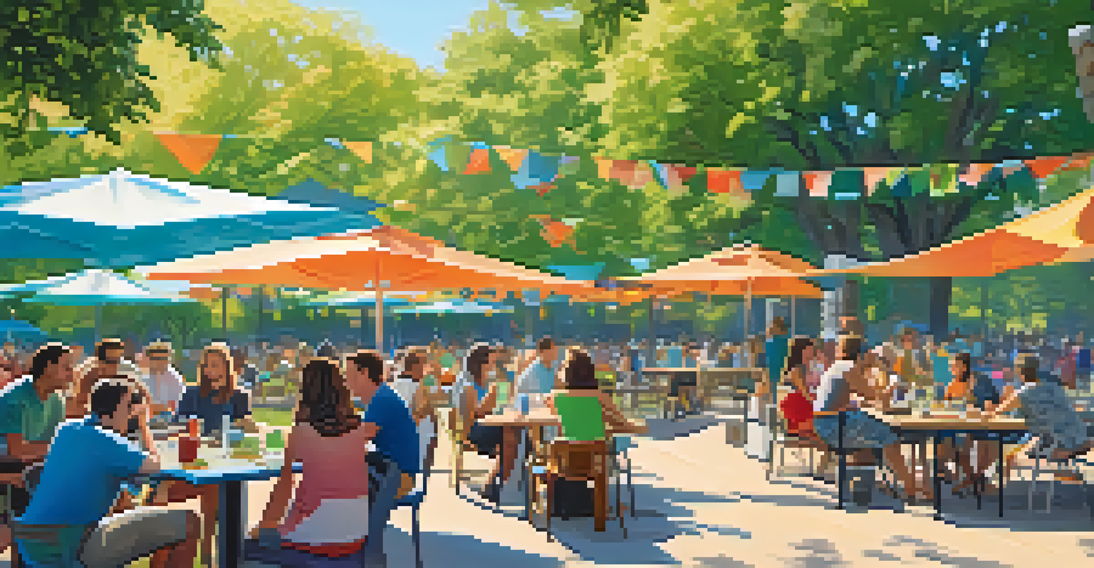 A sunny outdoor networking event in a park with digital nomads chatting at picnic tables surrounded by greenery.