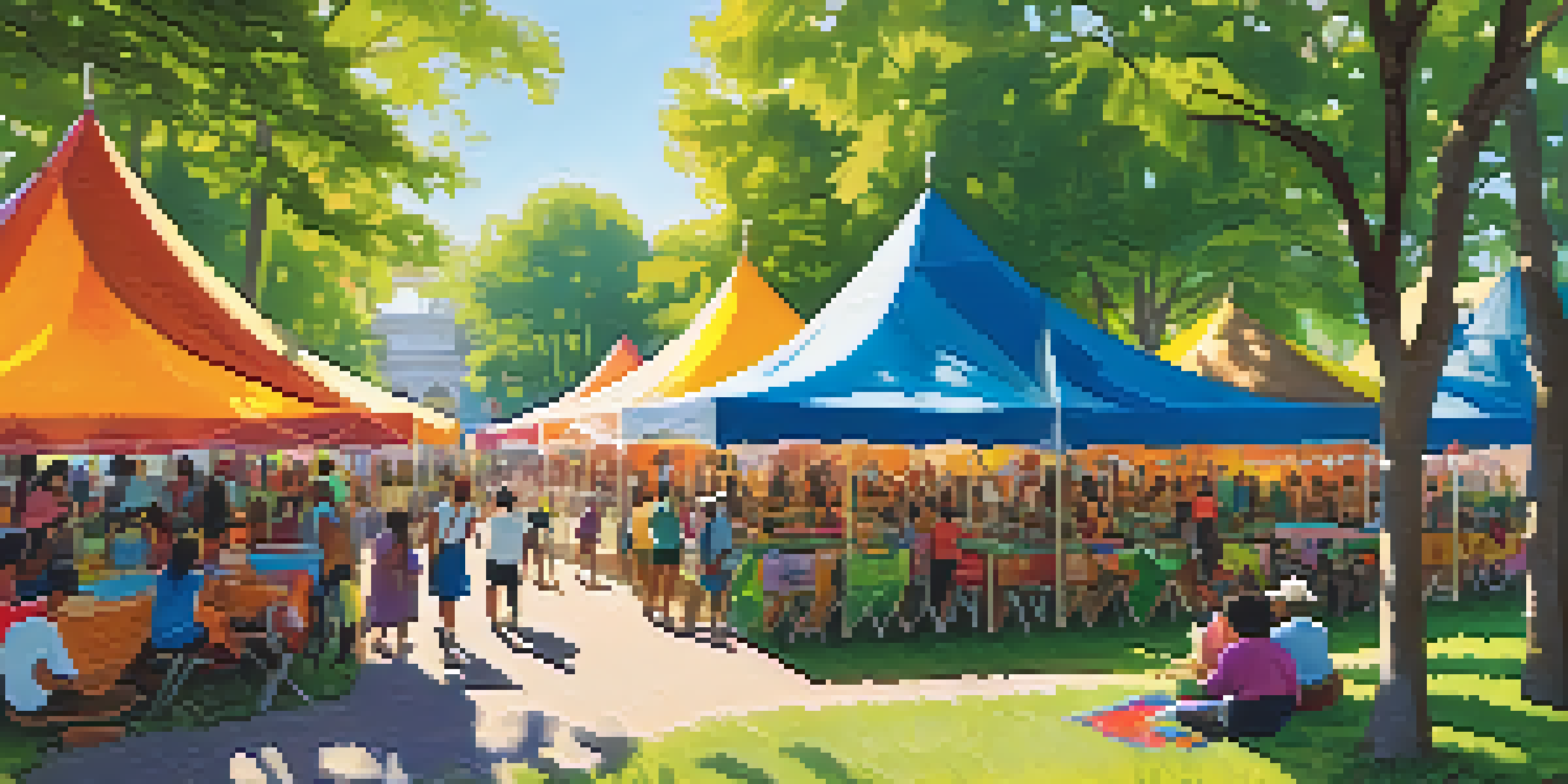 A lively cultural festival with people of different backgrounds enjoying art and crafts under the trees in a park.