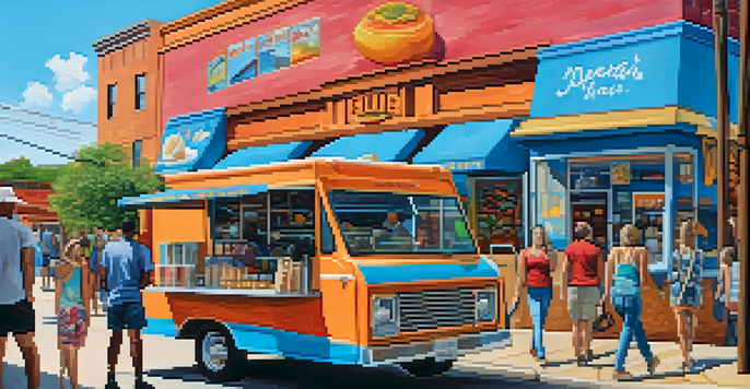 A lively street scene in Austin with colorful murals, people walking, and a food truck, under a bright blue sky.
