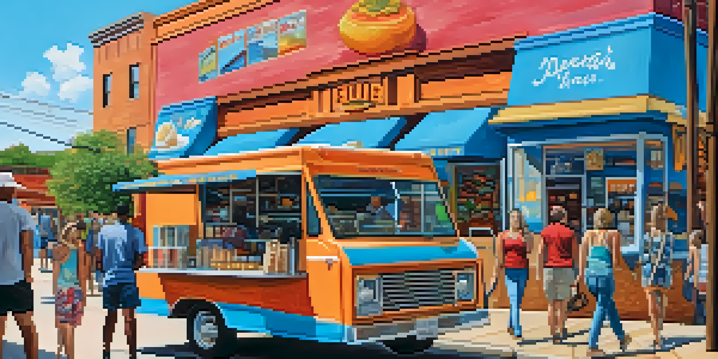 A lively street scene in Austin with colorful murals, people walking, and a food truck, under a bright blue sky.