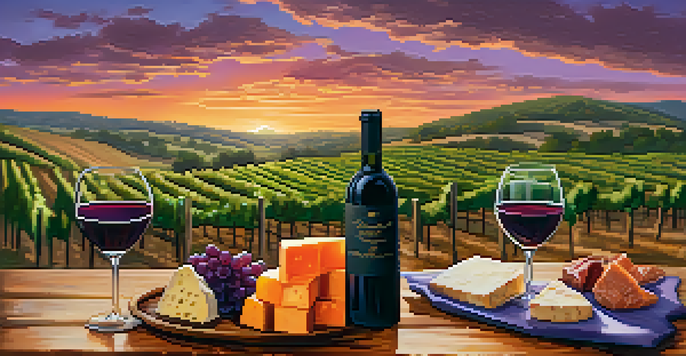 A scenic view of a vineyard in Texas Hill Country at sunset, featuring grapevines and a rustic wooden table set for a wine tasting.