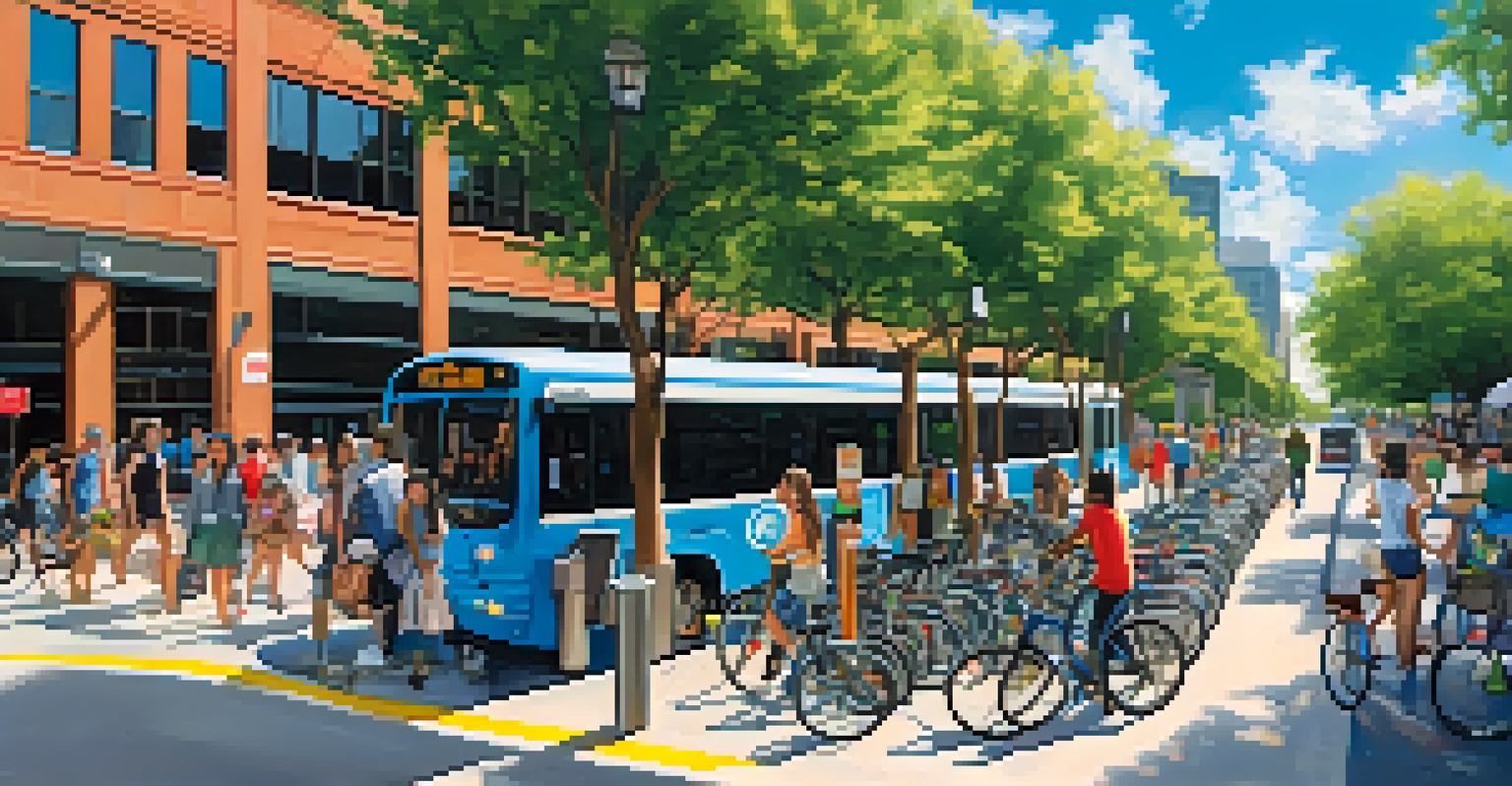 A bustling street in Austin showing bicycle-sharing stations, a public bus, and pedestrians walking in a green and vibrant environment.