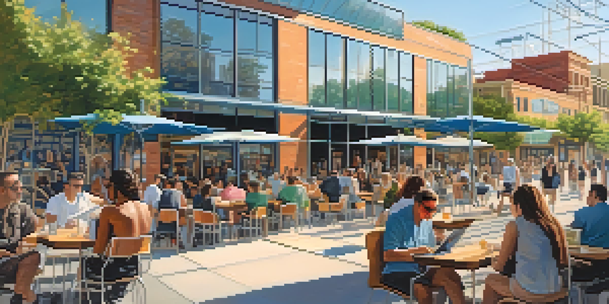 A vibrant tech environment in Austin, Texas, with modern architecture and people working outdoors under the sun.