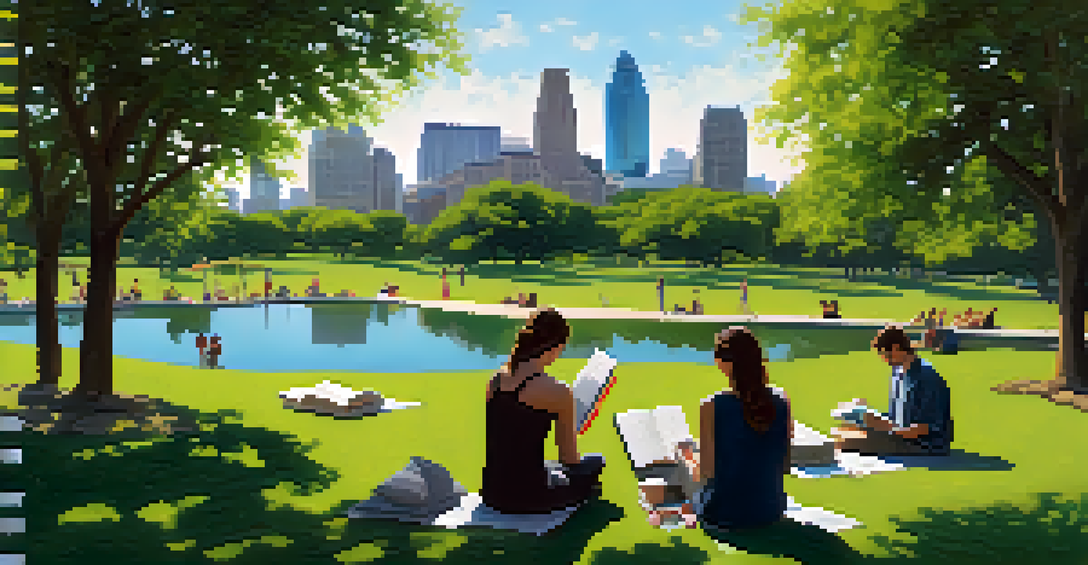 A peaceful park in Austin with writers on blankets, reading and writing, surrounded by lush greenery and the city skyline in the background.