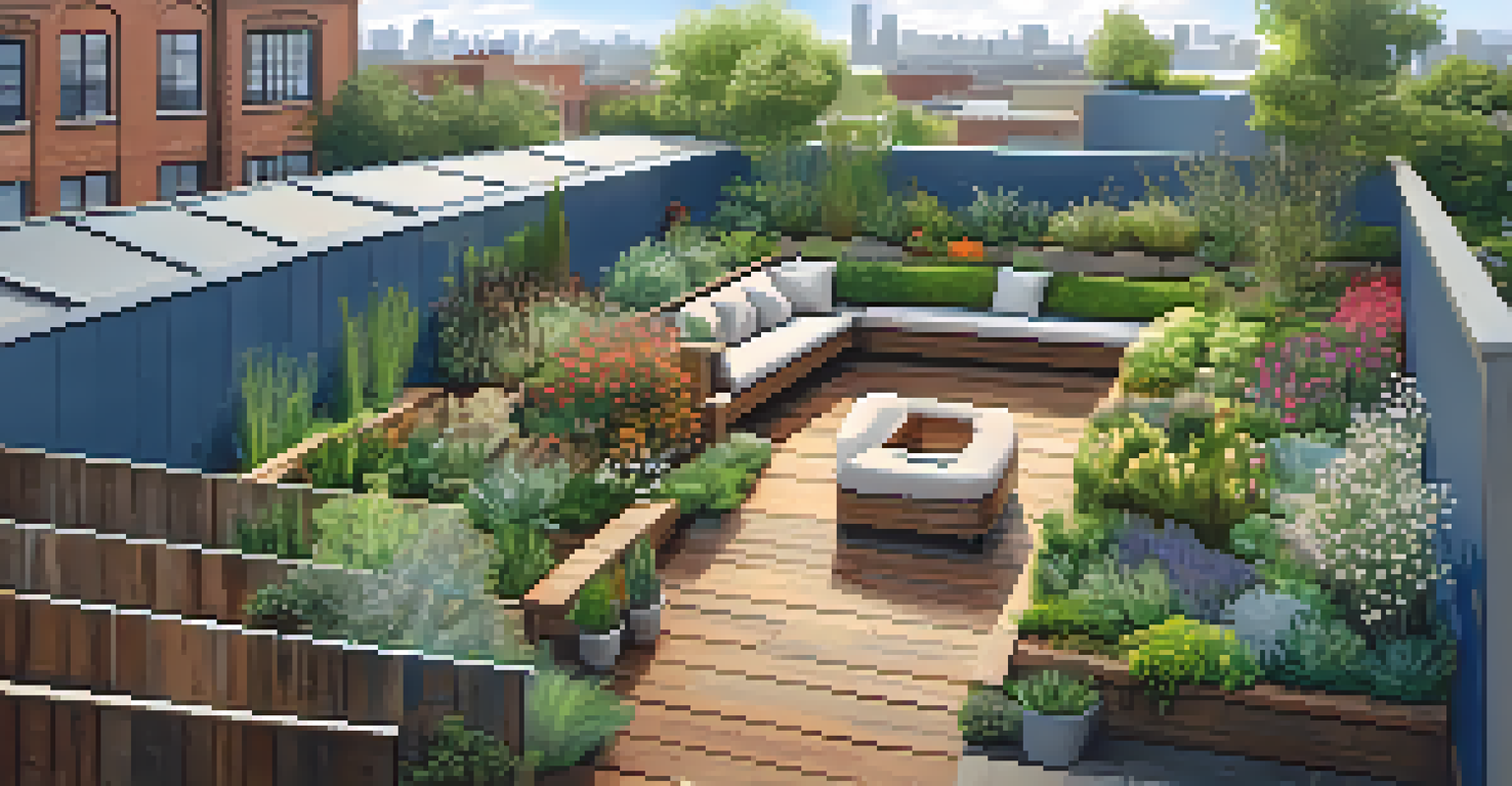 Aerial view of a lush rooftop garden with native plants, vegetables, and a cozy seating area under a bright blue sky.
