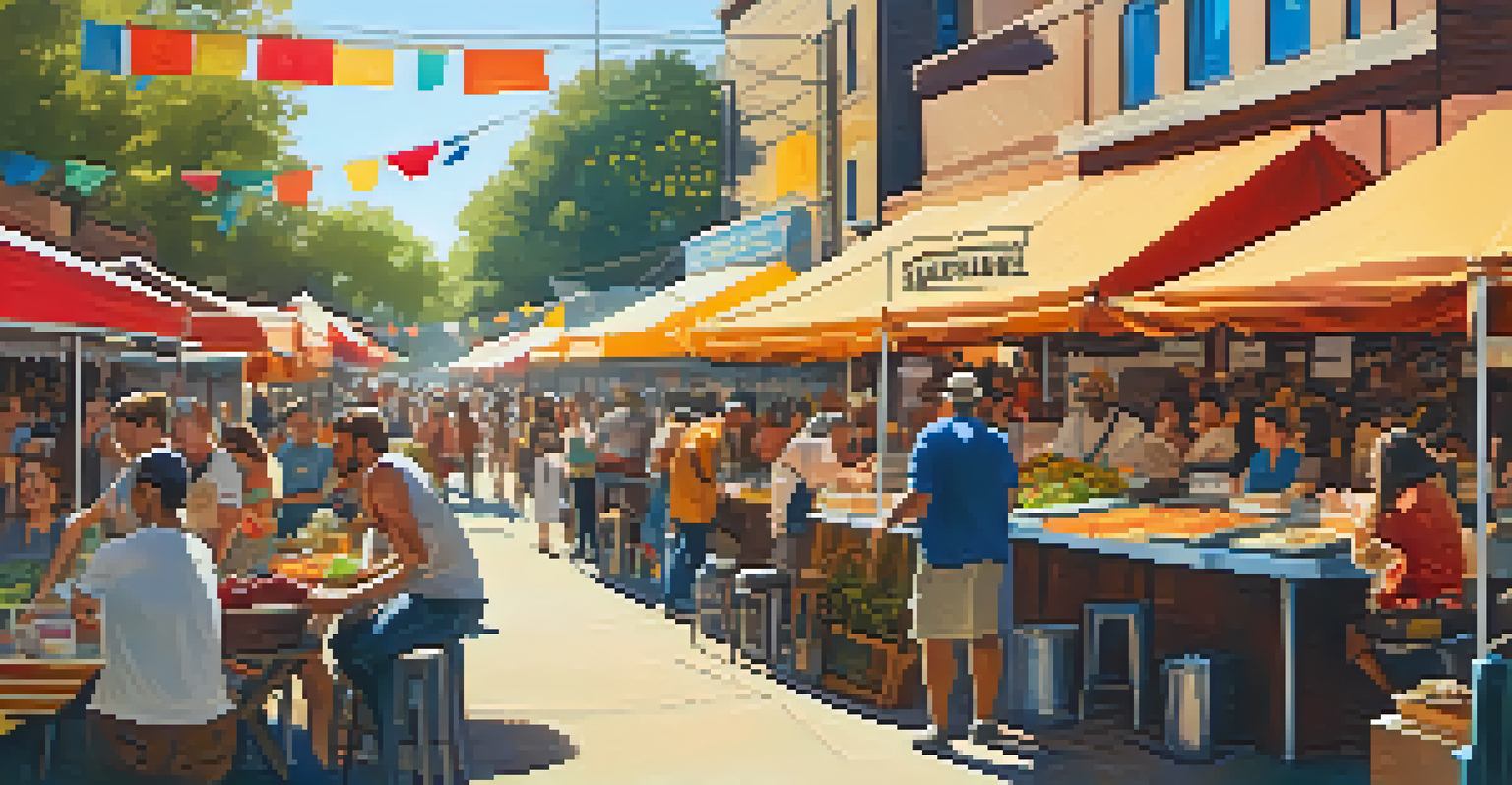 A vibrant outdoor food market in Austin with colorful stalls and a diverse crowd enjoying local food in warm sunlight.