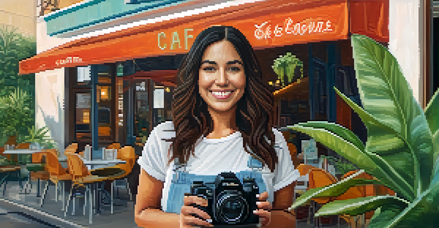 A portrait of a Hispanic woman influencer in front of a café, holding a camera, with plants and soft morning light creating a warm ambiance.