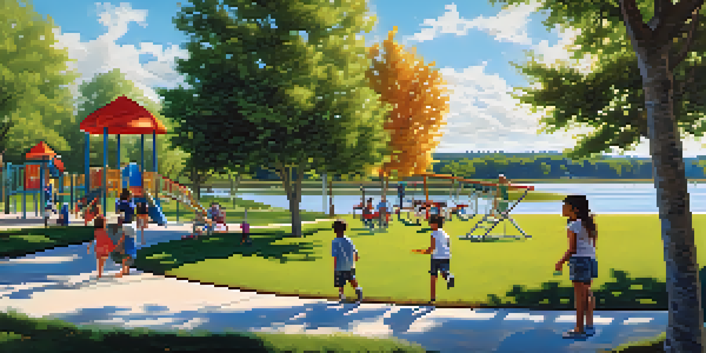 Children playing on a modern playground at Mueller Lake Park with families walking by the lake.