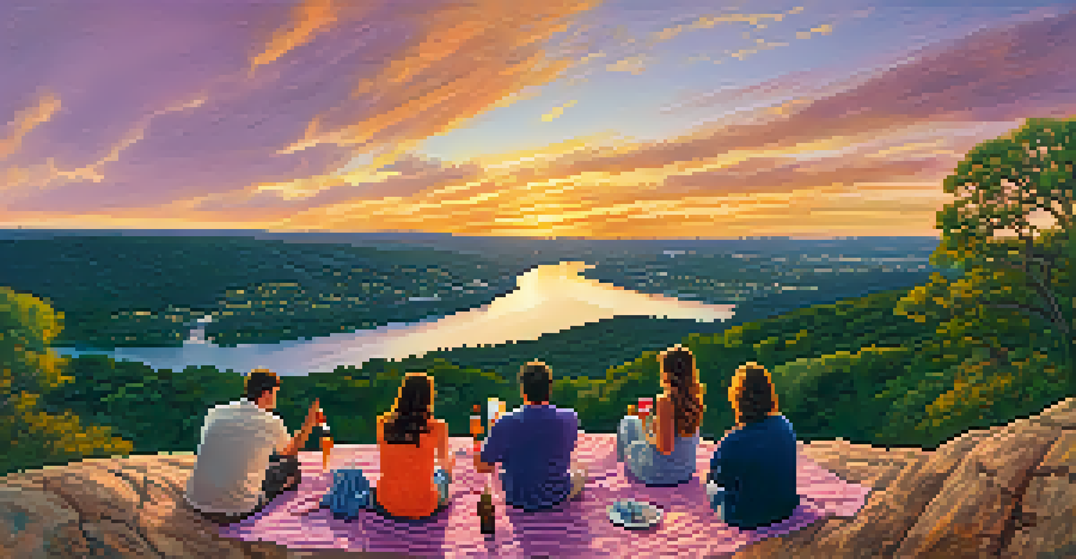 A breathtaking sunset view from Mount Bonnell, overlooking Lake Austin and hills, with families picnicking at the summit amidst a colorful sky.