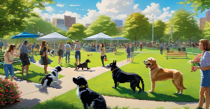 A lively dog park with dogs of various breeds playing and owners chatting on benches under a sunny sky.