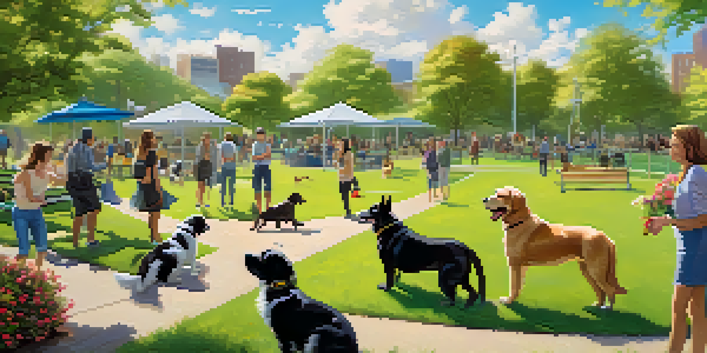 A lively dog park with dogs of various breeds playing and owners chatting on benches under a sunny sky.
