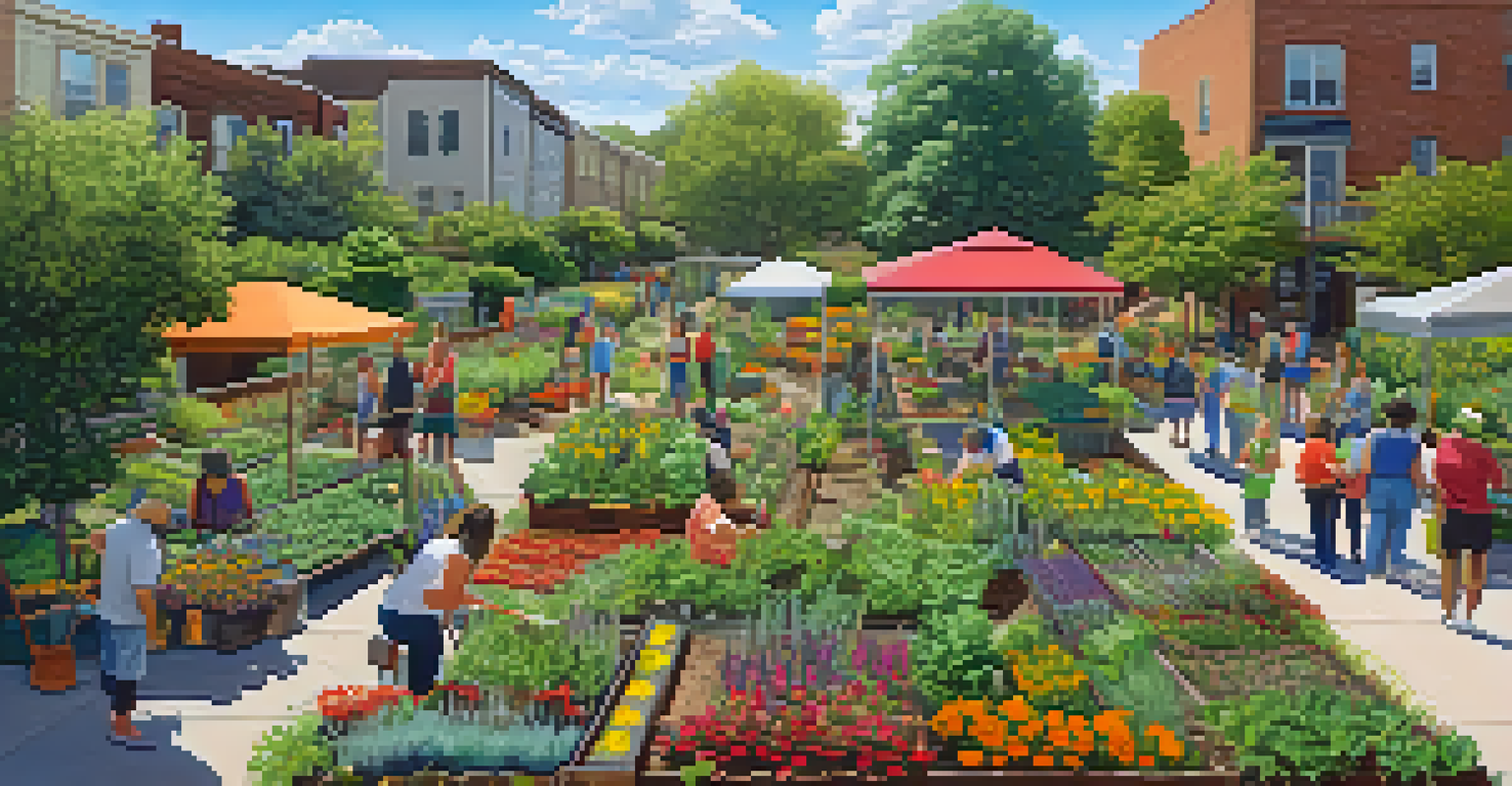An aerial view of a community garden in Austin with people working together among colorful plants and flowers.