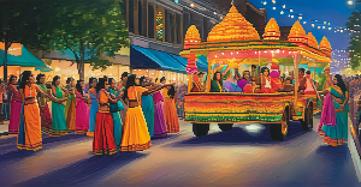 Dancers in vibrant costumes performing at the Diwali Festival Parade in Austin, with illuminated decorations and families enjoying traditional food.