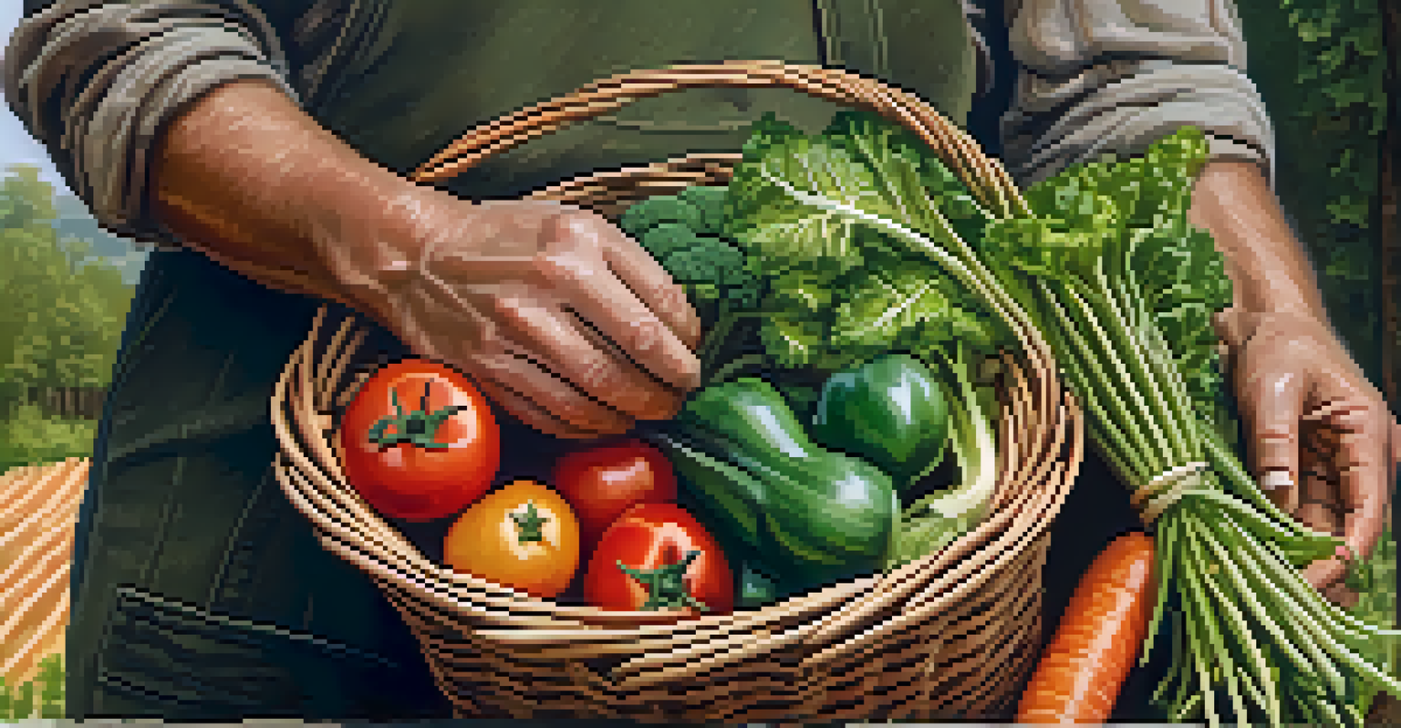A close-up of hands holding a basket of colorful organic vegetables in a warm, natural setting.