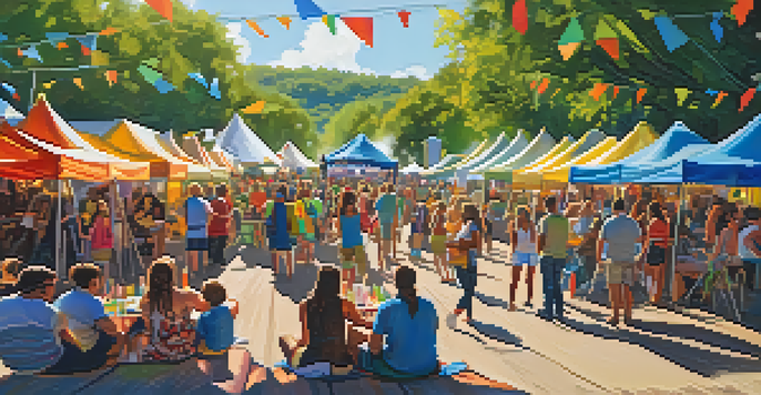 A lively outdoor festival in Austin with colorful tents, local artists, and a diverse crowd enjoying music under the sun.