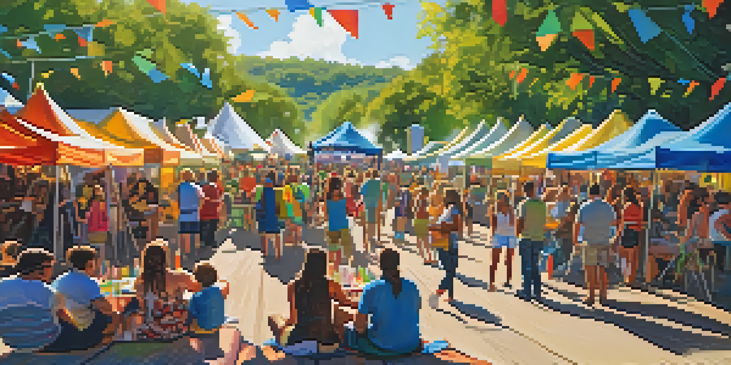 A lively outdoor festival in Austin with colorful tents, local artists, and a diverse crowd enjoying music under the sun.