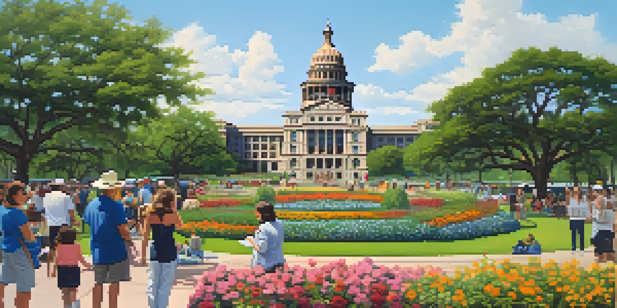 A wide view of the Texas State Capitol surrounded by green gardens and colorful flowers, with people talking in the foreground.
