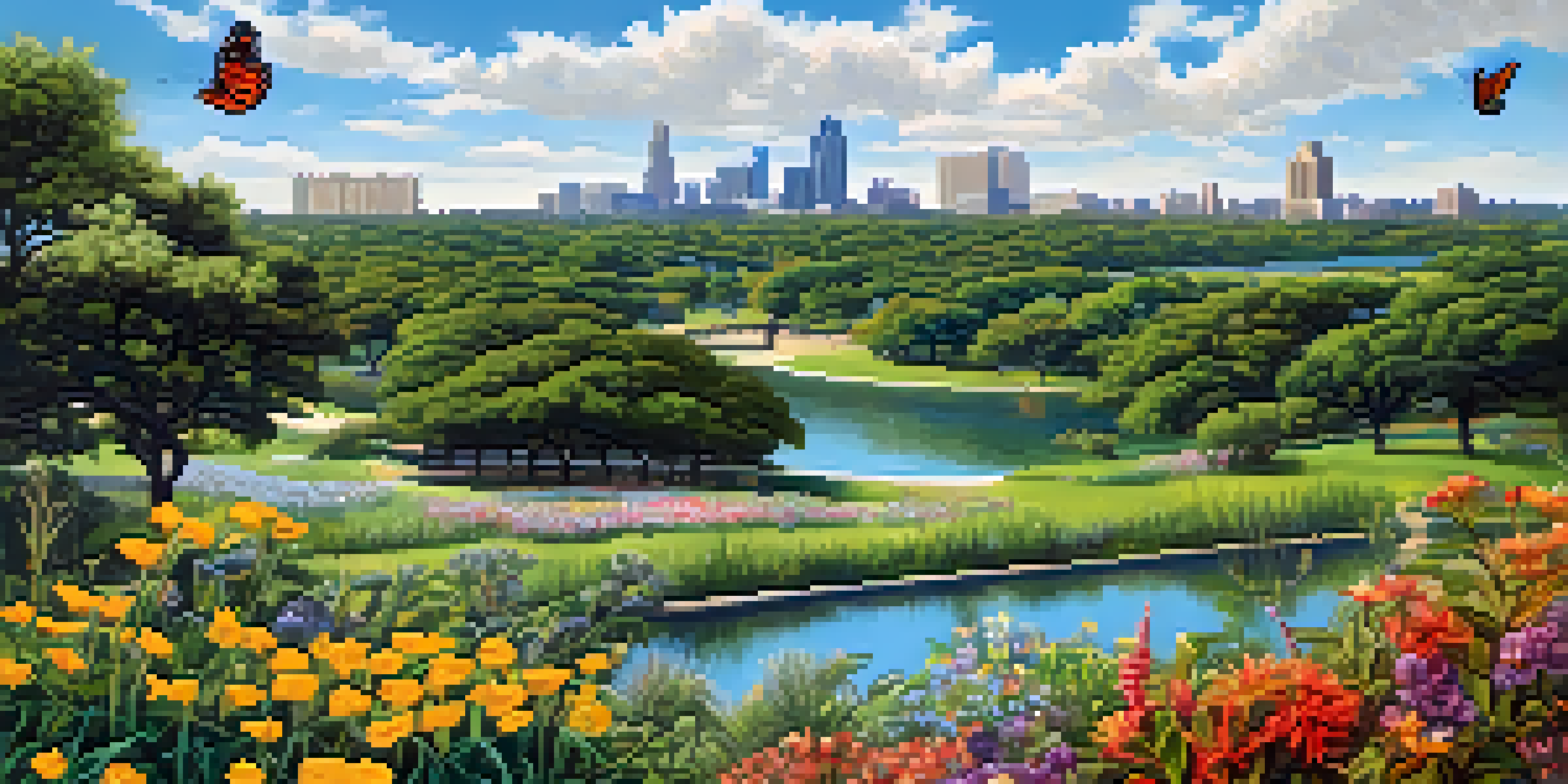 A vibrant park scene with native plants and flowers, a butterfly on a flower, and birds in the trees under a blue sky.