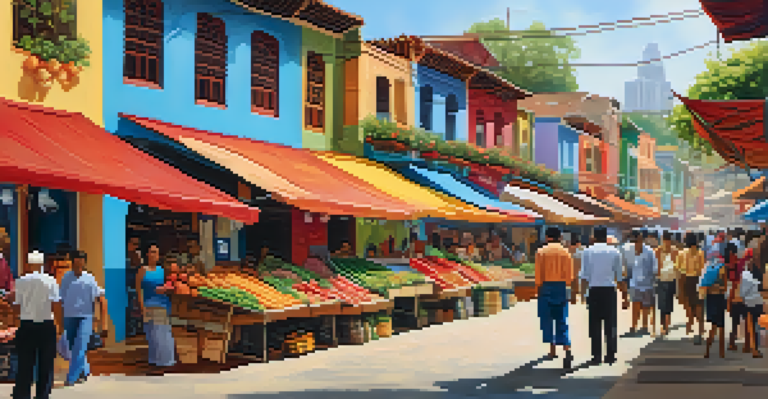 A vibrant street scene in a culturally rich neighborhood, showcasing traditional architecture and colorful murals with an open market.