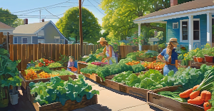 A colorful urban garden in Austin with vegetables and flowers, featuring neighbors exchanging produce under the sun.