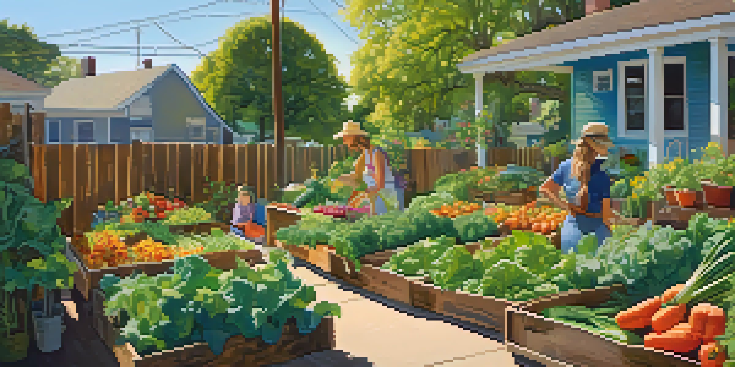 A colorful urban garden in Austin with vegetables and flowers, featuring neighbors exchanging produce under the sun.