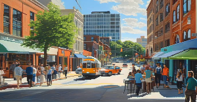 A lively street in Austin with diverse people talking, modern tech buildings, and colorful murals under bright sunlight.