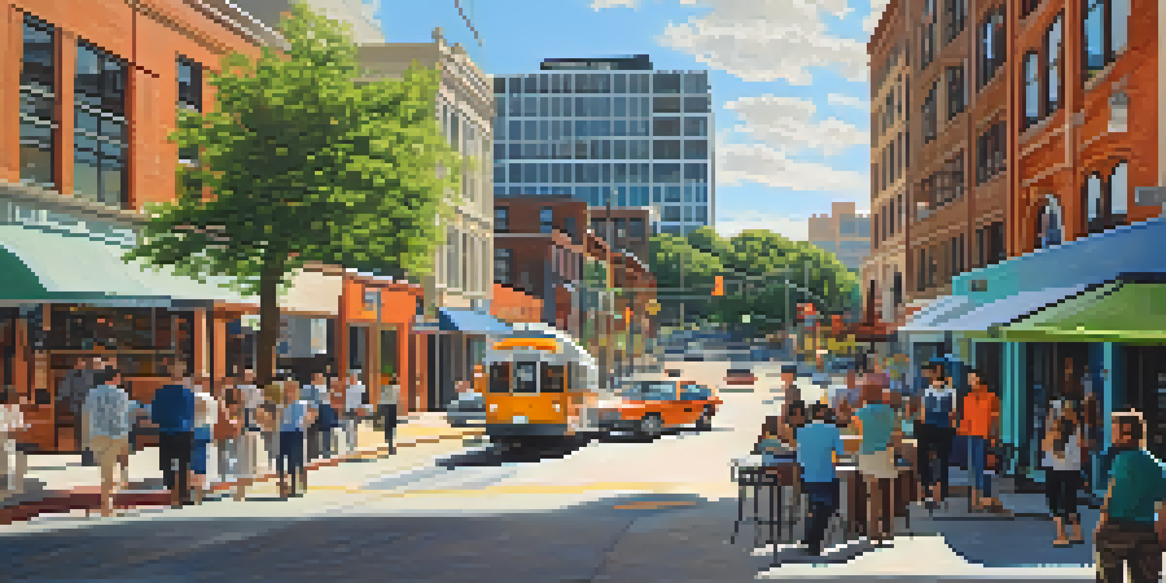 A lively street in Austin with diverse people talking, modern tech buildings, and colorful murals under bright sunlight.