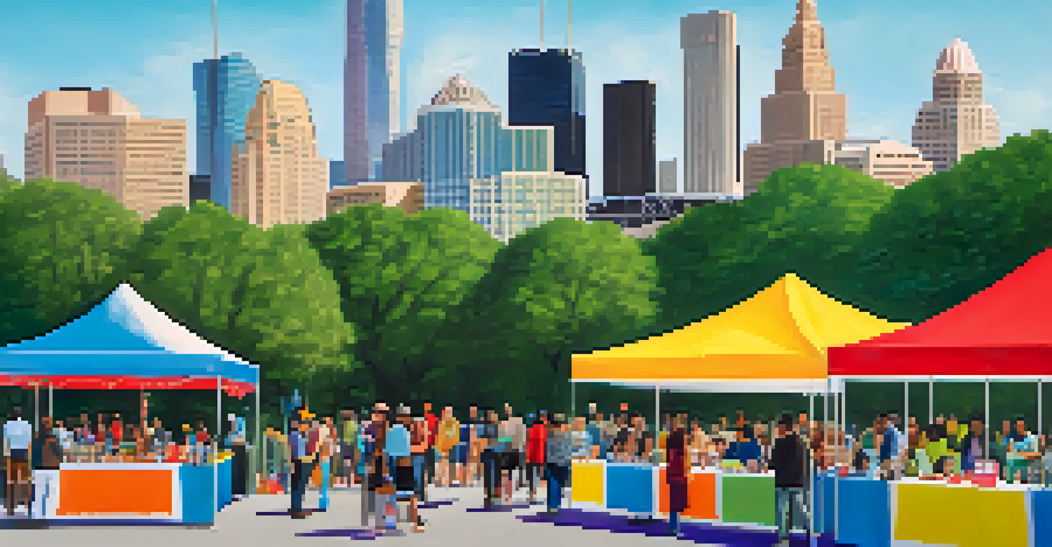 A community event in Austin promoting carpooling and ridesharing, with people gathered around a booth and the Austin skyline in the background.